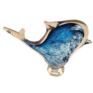 Vintage Handblown Glass Dolphin Dish, Blue White Swirl, Signed Figurine